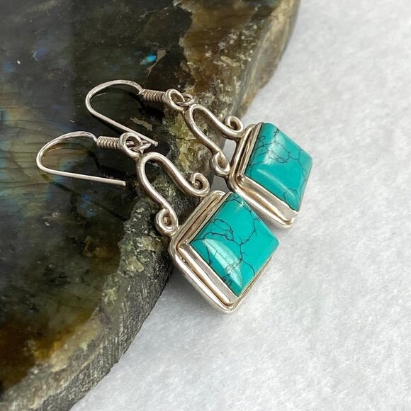 Sterling Silver 925 1.64" Rectangular Bezel Set Faux Turquoise Dangle Earrings - Picture 4 of 16